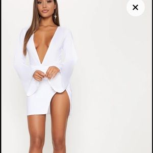 White Drape Sleeve Plunge Extreme Split Leg Dress